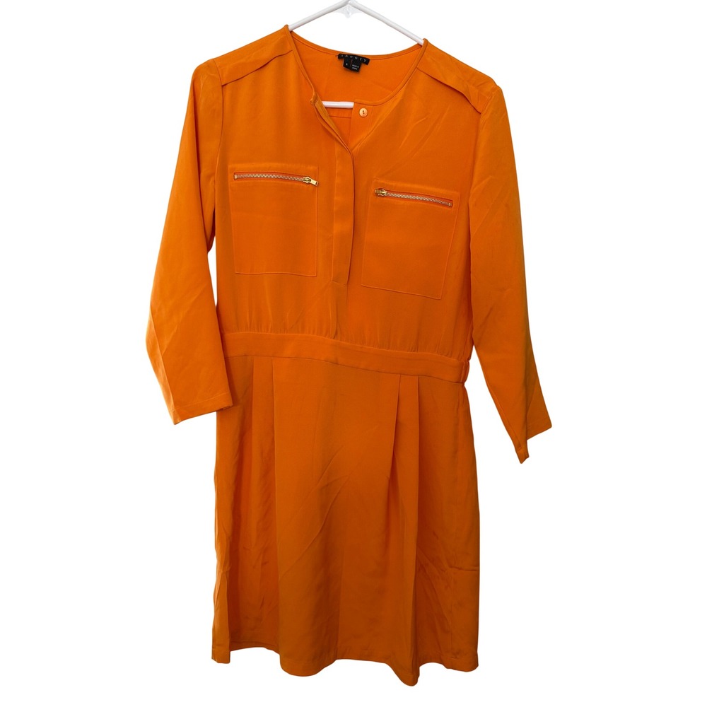 Theory Brunella Silk Blend Shirt Dress SZ 6 Orange Zip Pocket Utility Mini